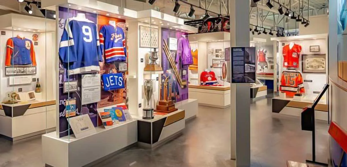 Sports memorabilia displayed in glass cases and on walls inside a brightly lit museum gallery room
