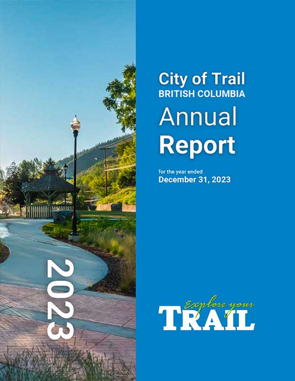 City of Trail British Columbia Annual Report cover for 2023 with a riverside walkway and lampposts under a blue sky.
