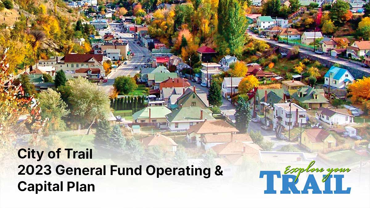 Aerial view of a small town with colorful autumn trees and houses along streets, text about City of Trail 2023 budget.