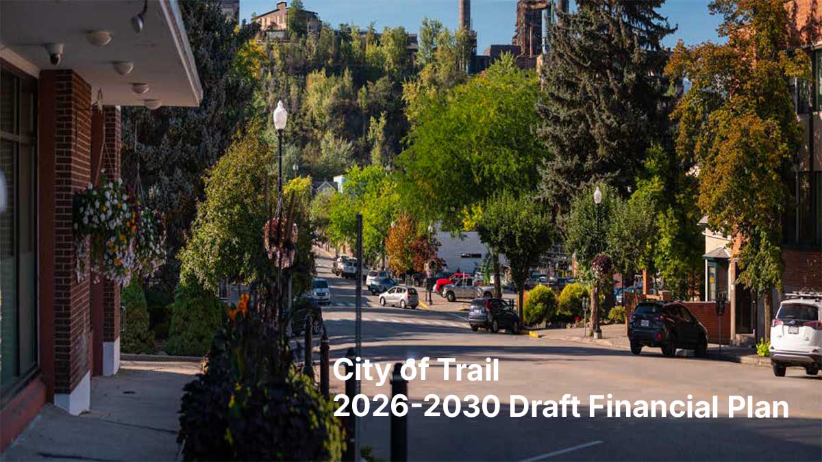 Downtown street in City of Trail with trees, parked cars, and buildings under clear blue sky, text overlay.