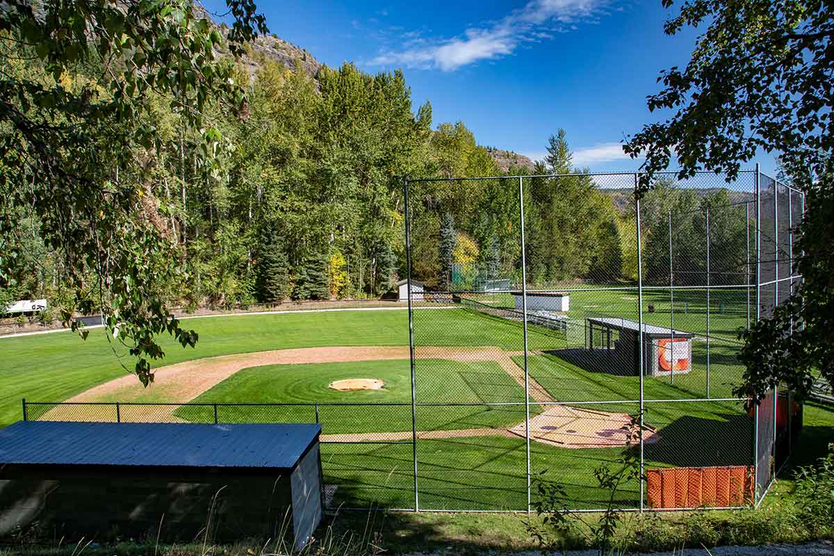 Baseball field with green grass, backstop fencing, dugouts, surrounded by trees and hills under blue sky
