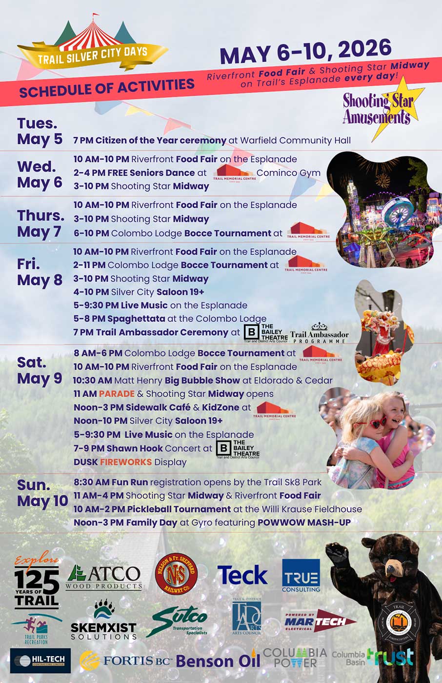 Schedule of activities for Trail Silver City Days May 6-10, 2026, with events like food fair, midway, bocce, live music, and